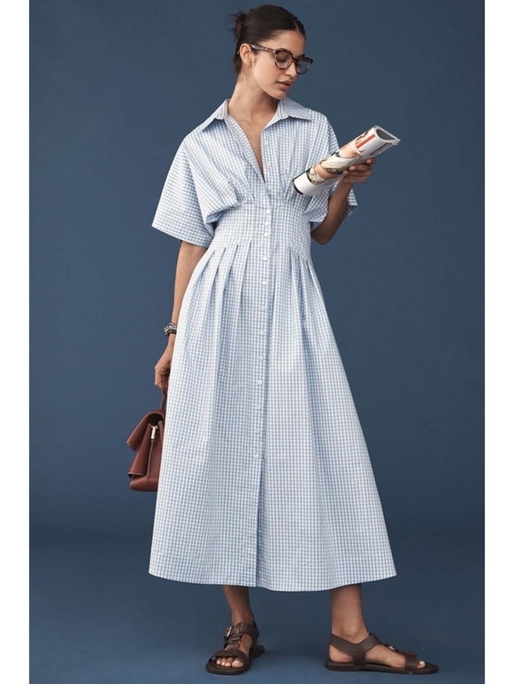 EXQUISE the Tobie Button Front Pleated Gingham Midi Shirt Dress